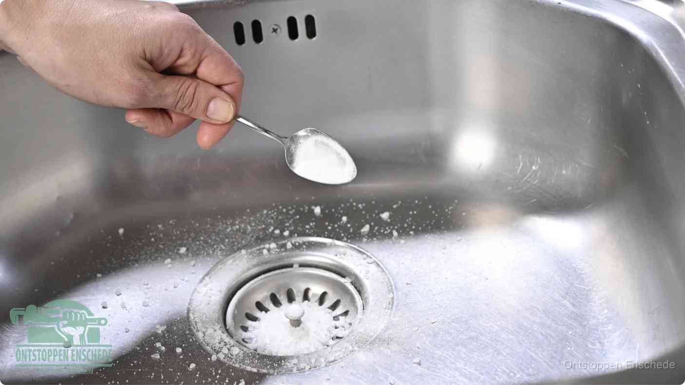 Een hand strooit met een lepel soda in de afvoer van een roestvrijstalen spoelbak, de soda en azijn huismiddel-methode om de afvoer te ontstoppen in Enschede