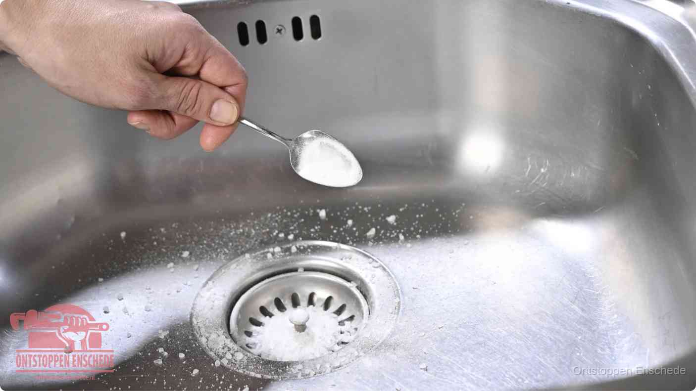 Een hand strooit met een lepel soda in een afvoerputje, de soda en azijn huismiddel-methode om de wc te ontstoppen in Enschede